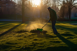 Photo of a man fertilizing a lawn at the start of Spring